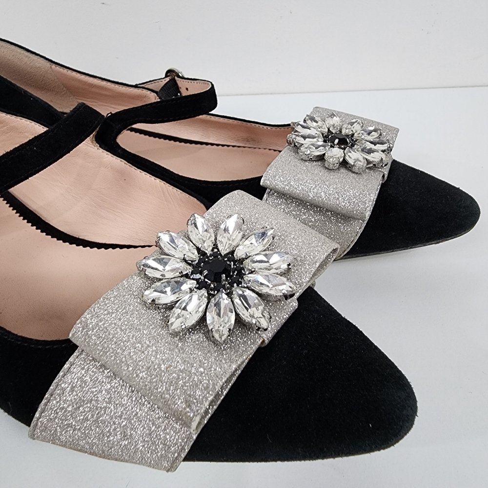 J. Crew  Marina Black velvet Flats with Silver Crystal Bow